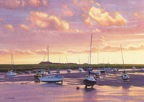 A watercolour painting of Wells  Harbour at sunrise by Margaret Heath RSMA.